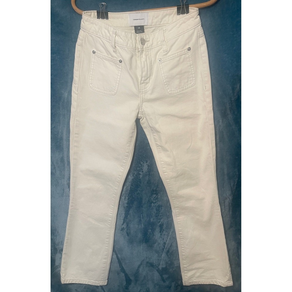 Current/Elliott Off White Cropped Flare Patch Pocket Utility Jeans Size 24
